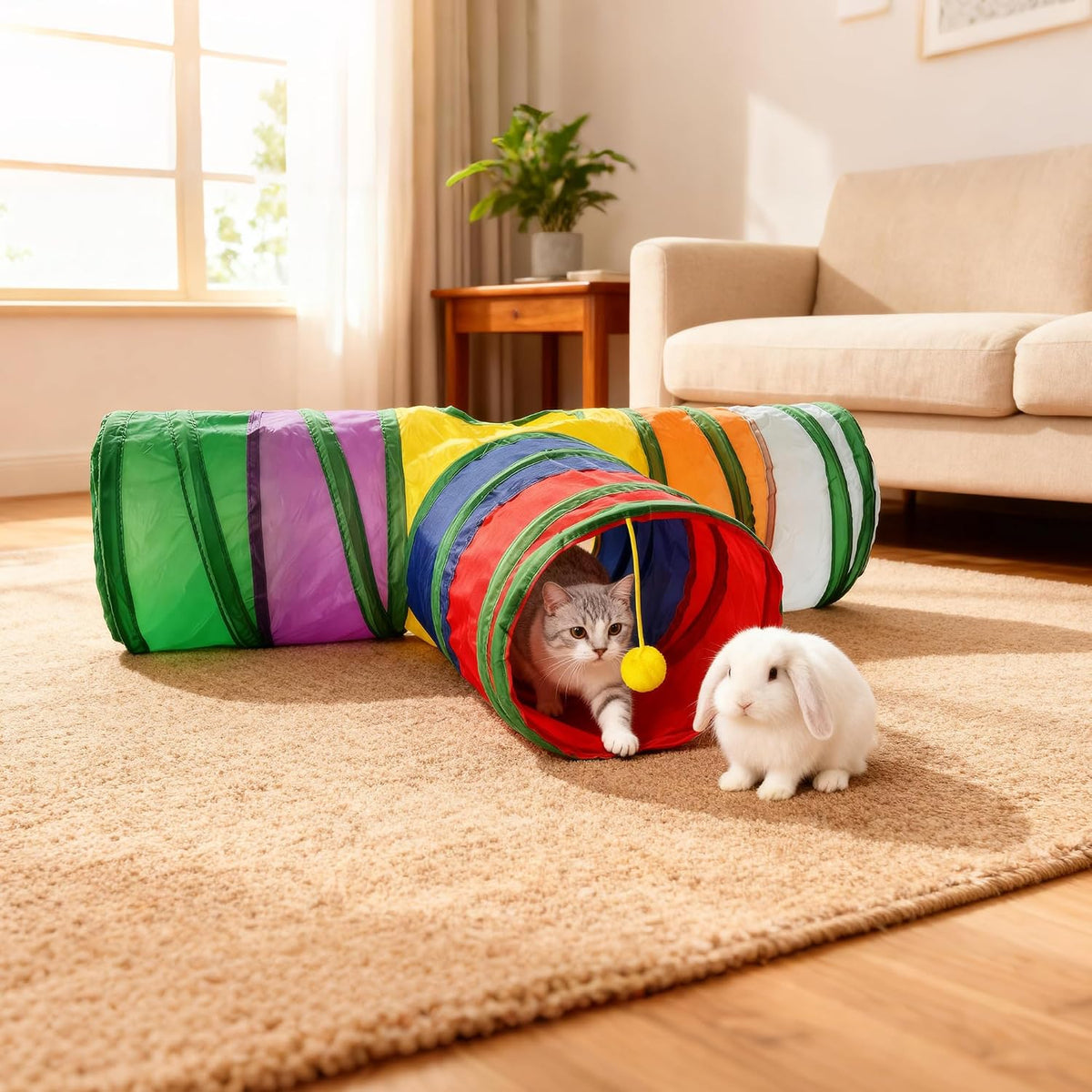 Cat Tunnel,Cat Tunnels for Indoor Cats Interactive, Pet Tunnel Toys for Cats Kitten Rabbits,3 Way Collapsible,Rainbow L 32" T Shape