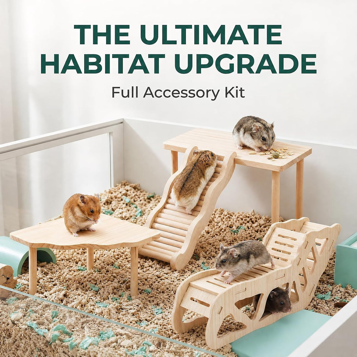 4-Piece Wooden Hamster Platform Set, Versatile Hideout & Exploration Tunnel with Ladder, Cage Decor for Syrian Dwarf Hamsters, Gerbils, Mice (4, Set 2)