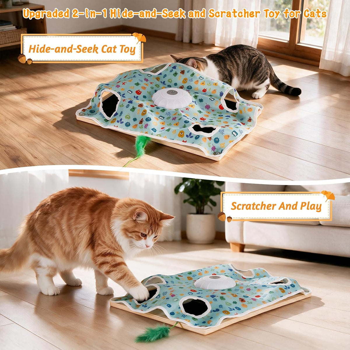 Interactive Cat Toys with Scratching Board, Rechargeable Touch Activated, Hide and Seek Design, Mouse Squeaky,Cat Enrichment Toy for Bored Cats 11.5" *15.5"