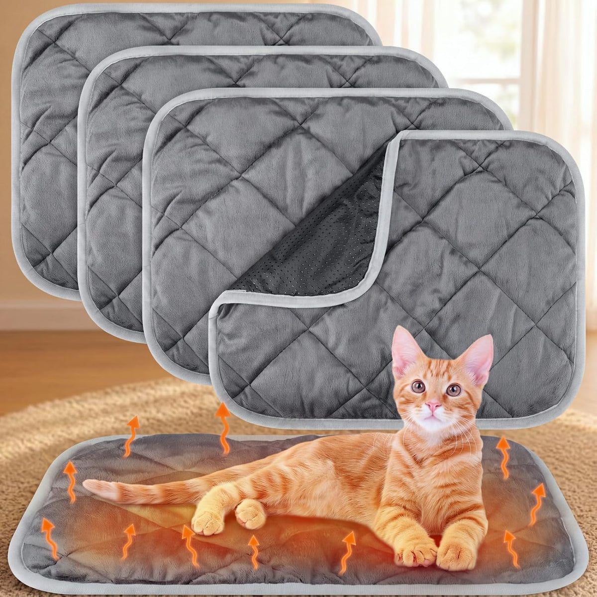 4 Pack Self Heating Cat Pad Self Warming Dog Mat Reflects Body Heat Extra Warm Thermal Pet Pad Washable Dog Cat Bed Crate Bed Mat Blanket(Mixing Colors,16 x 20 Inch)