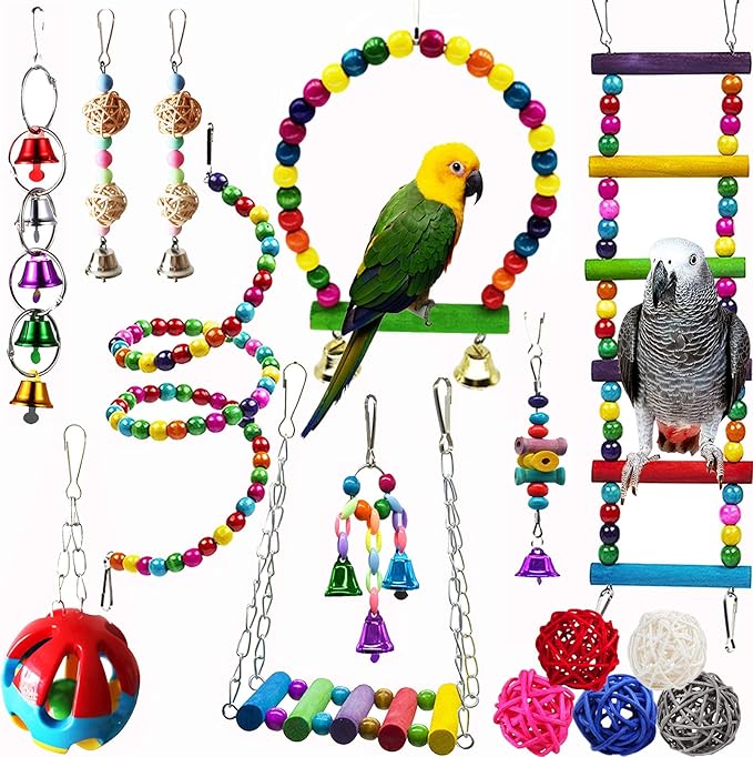 Hamiledyi Bird Parrot Swing Chewing Toy Set 15PCS Wooden Hanging Bell by Hamiledyi