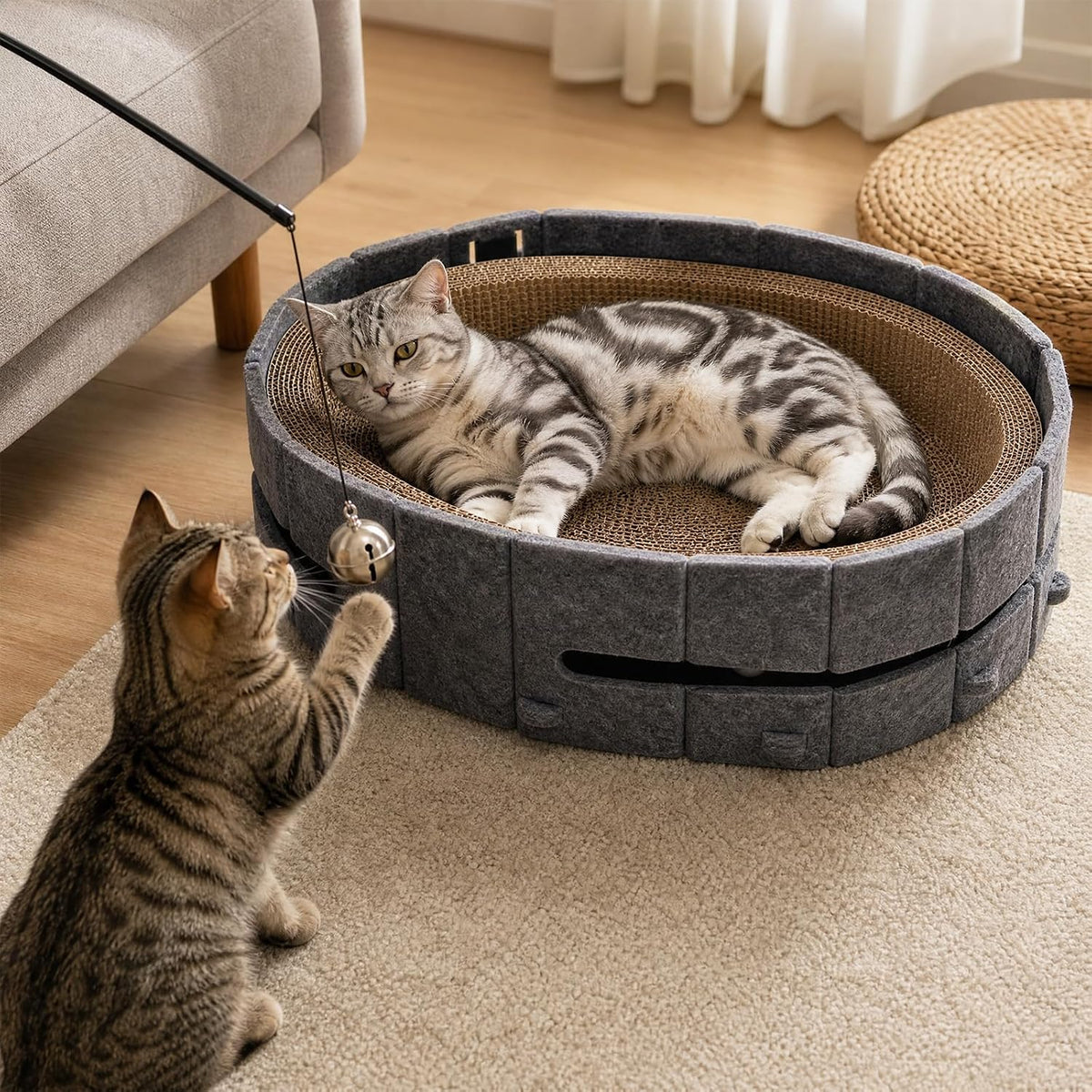 Interactive Cat Scratcher Lounge Bed Heavy Duty Corrugated Cardboard Cat Scratching Pad Bowl with Built-in Track & 2 Bell Balls for Indoor Cats Claw Care and Rest Cat Scratching Bowl, Grey