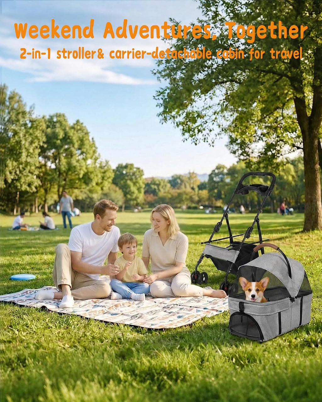 Pet Stroller, 3 in1 Foldable Dog Cat Stroller with Detachable Carrier-Gray