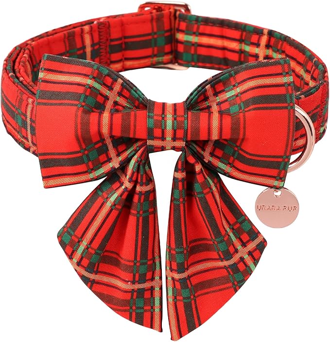 Christmas Dog Collar with Bow Tie, Cotton Christmas Plaid Collar by UPURARAPUP