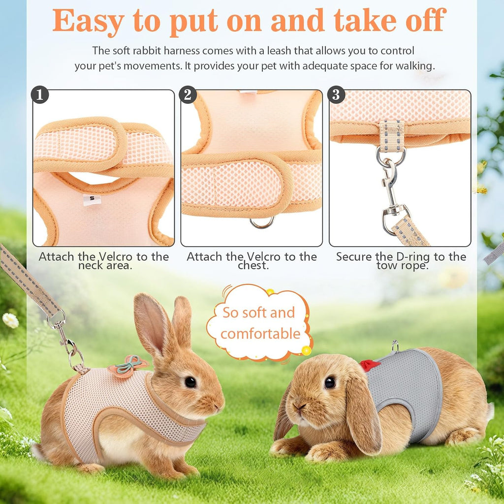 2-Pack Polyester Rabbit Harness and Leash Set - Escape-Proof Adjustable Small Animal Harness with 47.2in Leash and Rotatable D-Ring (Khaki+Deep Space Grey S, S)