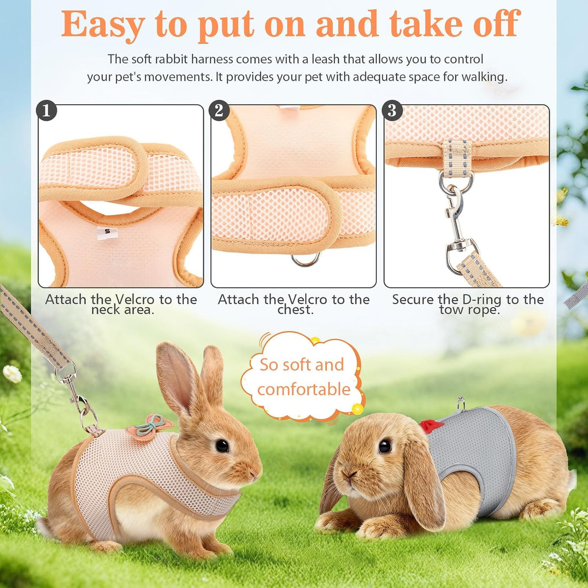 2-Pack Polyester Rabbit Harness and Leash Set - Escape-Proof Adjustable Small Animal Harness with 47.2in Leash and Rotatable D-Ring (Khaki+Deep Space Grey S, S)