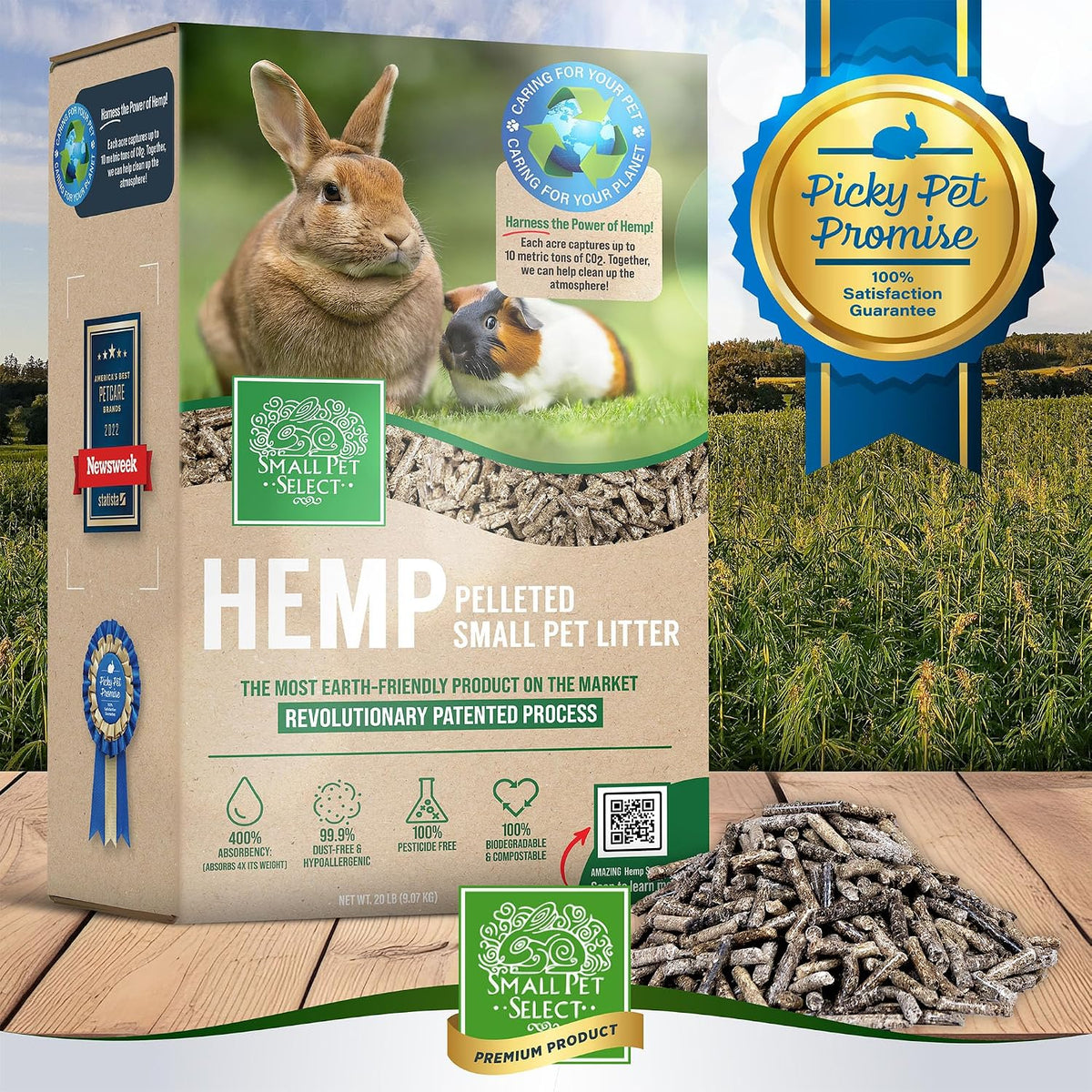 Small Pet Select Hemp Pellet Bedding, Non-Clumping, Rabbits, 20 lb
