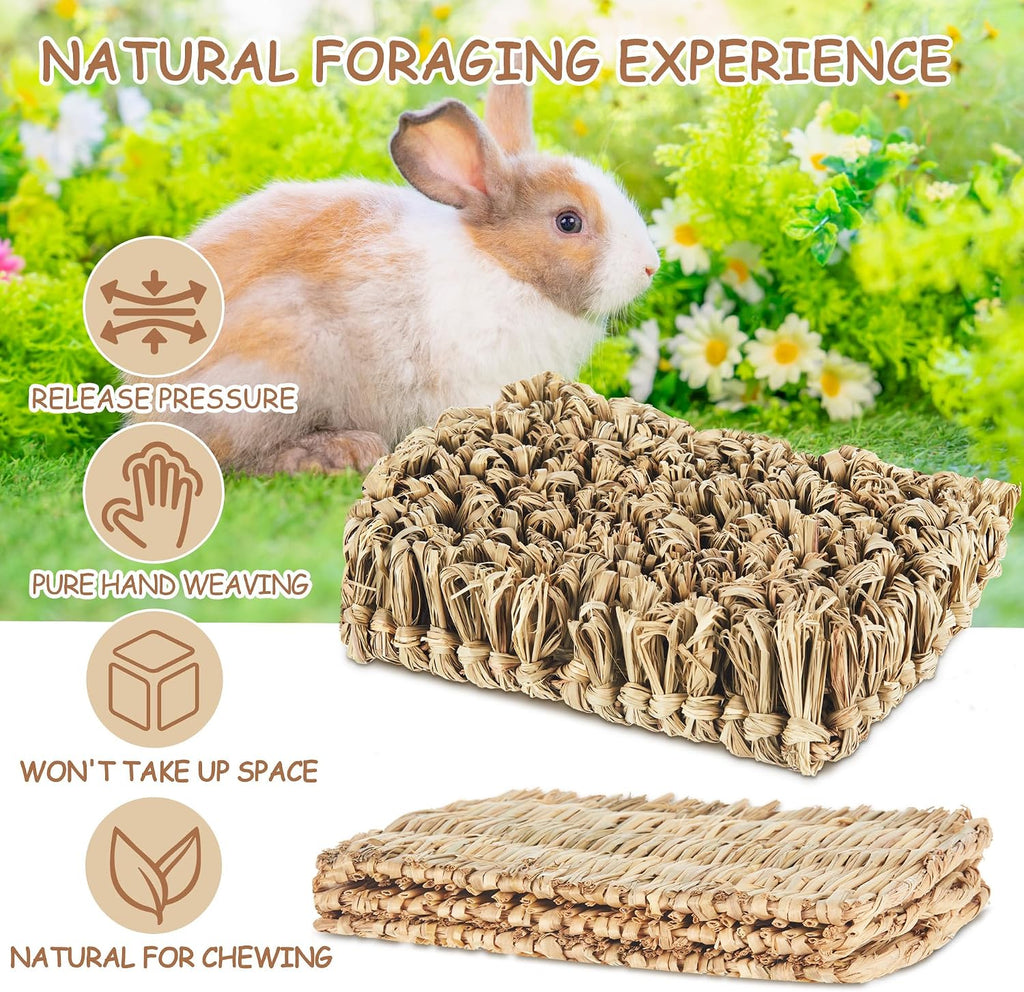 Blulu 4 Pcs Rabbit Grass Bed Rabbit Mats Guinea Pig Hamster Bedding Hay Bunny Natural Straw Woven Bed Handmade Bedding Sleeping Grinding Nesting and Chewing for Chinchilla Hedgehog Small Animal
