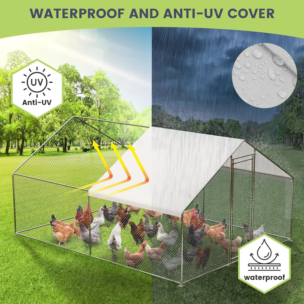 GarveeLife Large Metal Chicken Coop, Chicken Coop Run, Outdoor Chicken Pen with Waterproof & Anti-UV Cover, Large Chicken Run or Outdoor Farm Yard (13.1' L x 6.6' W x 6.6' H)