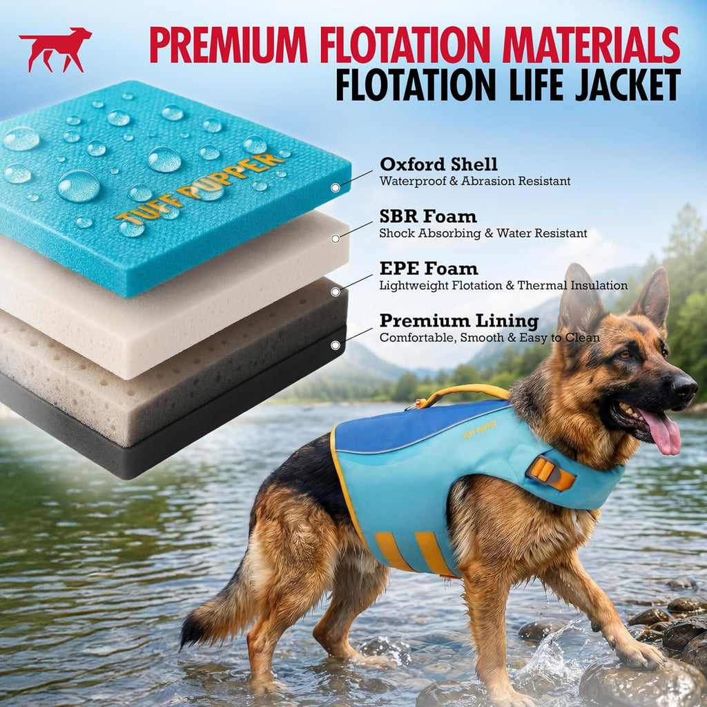 Tuff Pupper Dog Life Jacket | High Buoyancy Dog Swim Vest with Rescue Handle | Adjustable Secure Fit | Reflective Safety Trim | Pet Flotation Jacket for Swimming Boating Kayaking (Blue/Yellow, XXS)