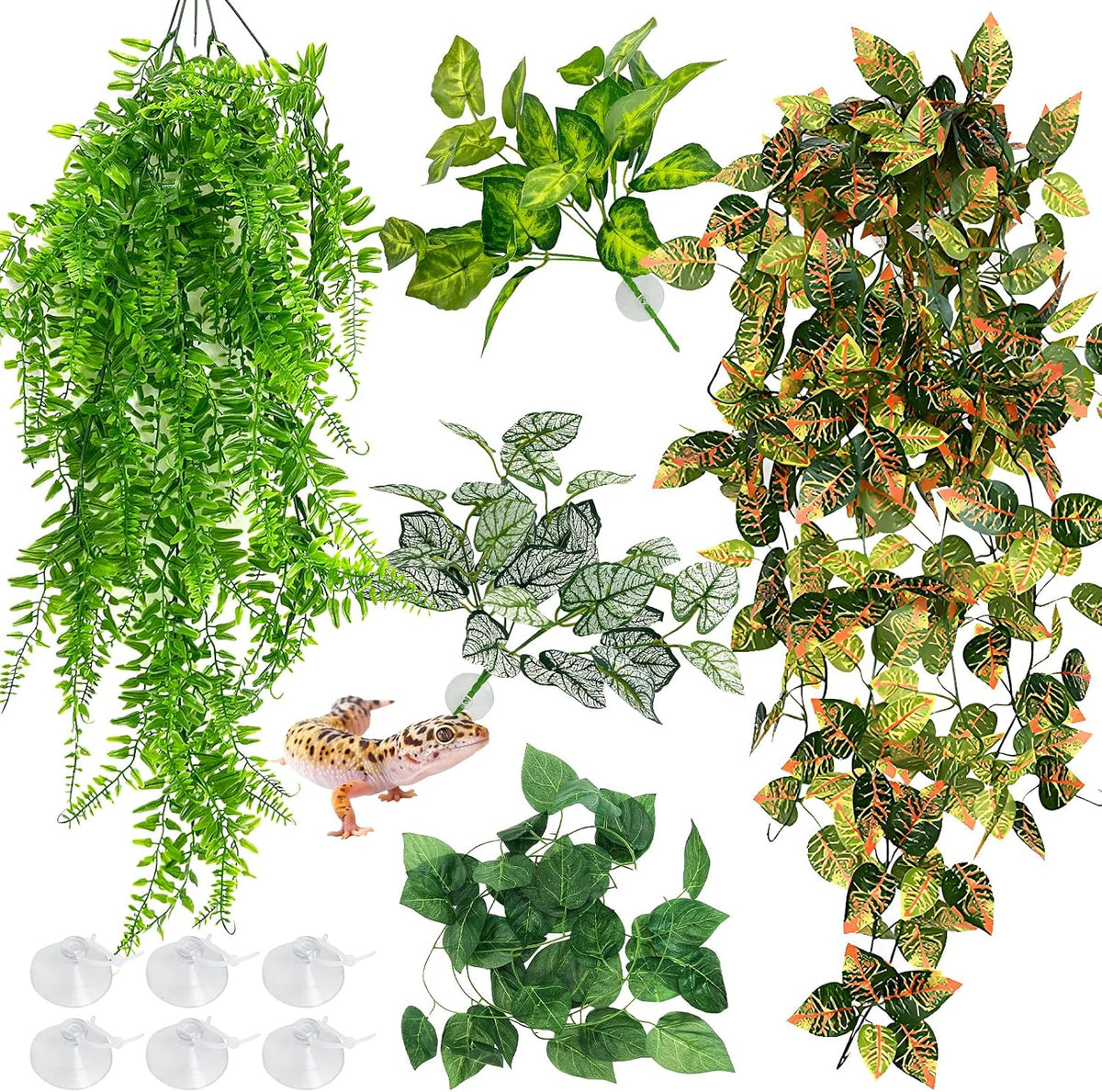 Hamiledyi Reptile Plants for Terrarium Hanging Fake Leaves with Suction Cup