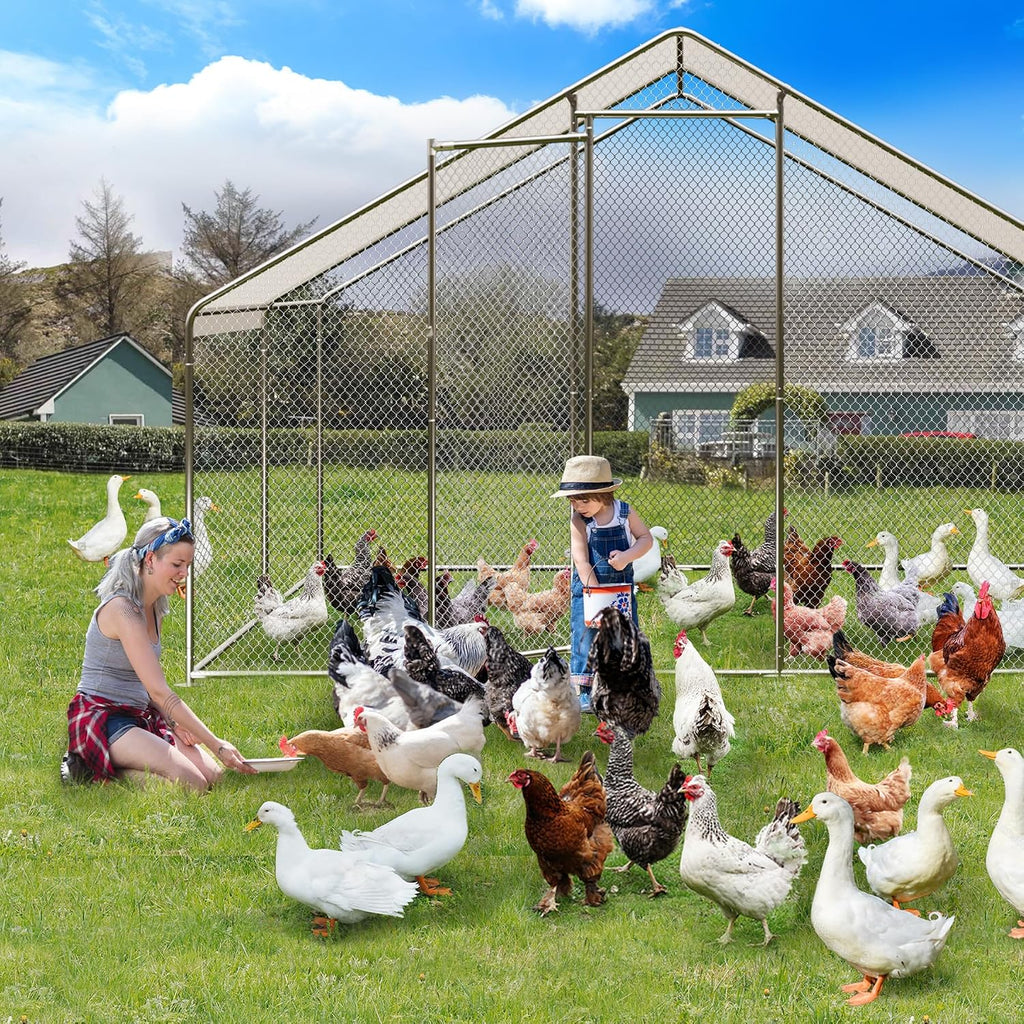 GarveeLife Large Metal Chicken Coop, Chicken Coop Run, Outdoor Chicken Pen with Waterproof & Anti-UV Cover, Large Chicken Run or Outdoor Farm Yard (13.1' L x 6.6' W x 6.6' H)