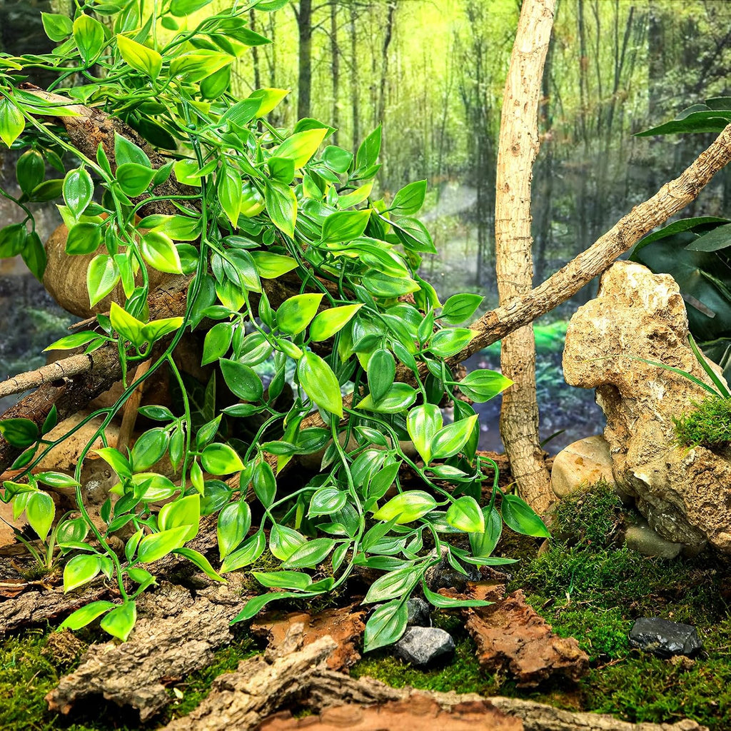 HERCOCCI Reptile Plants, 4 Pack Terrarium Hanging Plants Vines Artificial Leaves Habitat Decorations with Suction Cup for Bearded Dragon Hermit Crab Lizard Snake Geckos Chameleon