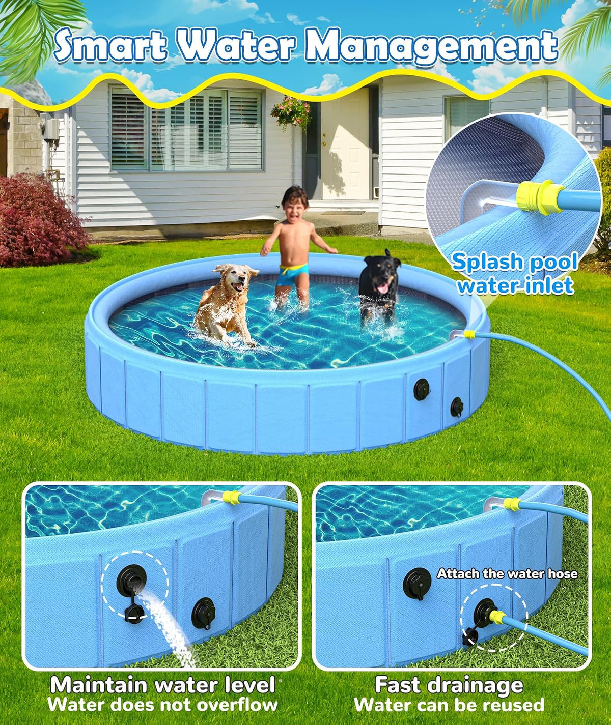 EPN Foldable Dog Pool with Sprinkler, Large Non-Slip PVC Pet Bath, 79 Inch