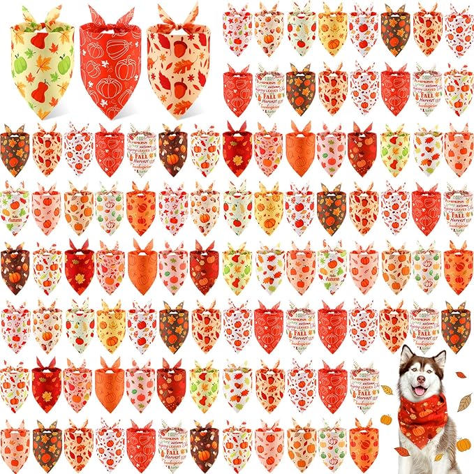 Chunful 100 Pieces Thanksgiving Dog Bandanas Bulk Fall Autumn Pet Bandanas by Chunful
