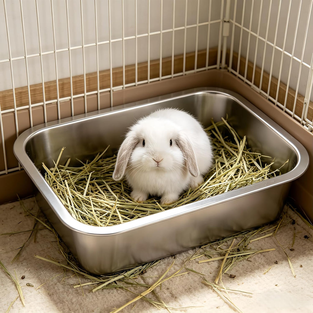 3 Pcs Stainless Steel Rabbit Litter Box with Scoop & Non-Slip Feet Mats, Easy Clean Metal Pan for Rabbits Cats Small Animal, No Smell, Non Stick, 4In Low Entry (L+M+S)