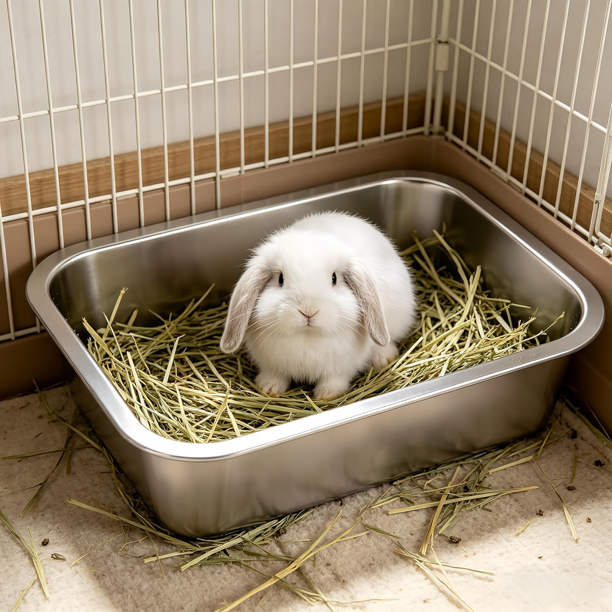3 Pcs Stainless Steel Rabbit Litter Box with Scoop & Non-Slip Feet Mats, Easy Clean Metal Pan for Rabbits Cats Small Animal, No Smell, Non Stick, 4In Low Entry (L+M+S)