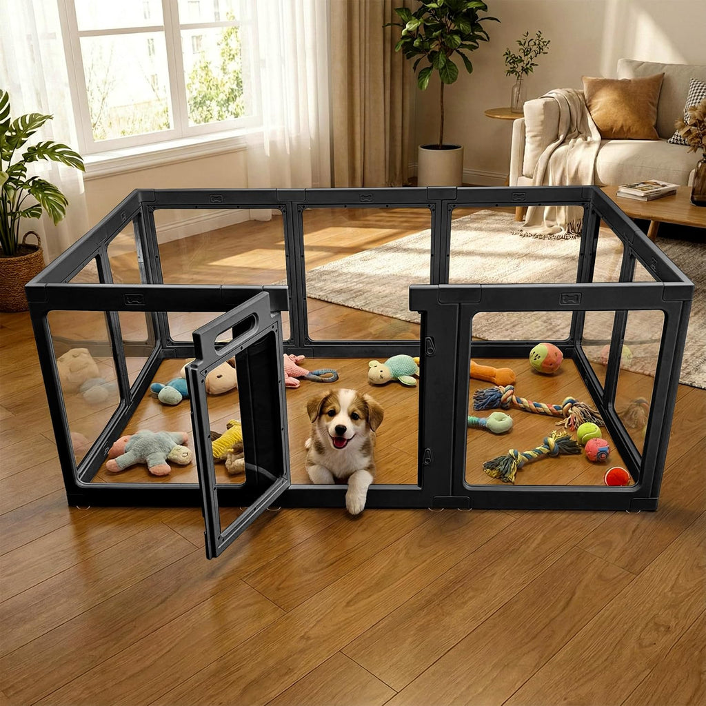 Transparent Indoor Dog Playpen with Safety Lock, Indoor Dog Fence for Small & Medium Pets | Secure, Stylish, Easy Clean Play Pen for Dogs & Pets with Scratch Resistant Panels (24''H,Black, 10 Panel)
