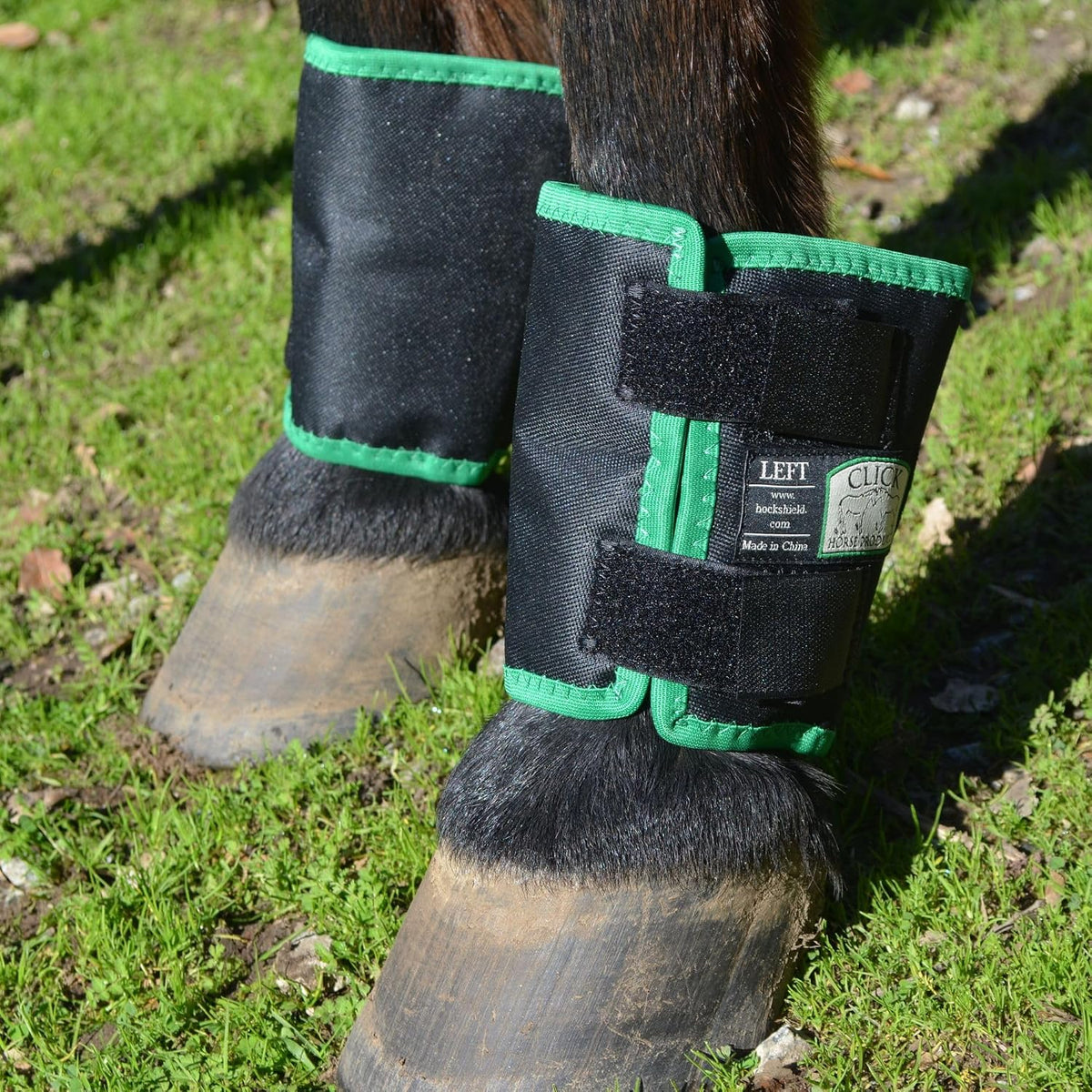 Click Horse Fetlock Shield, Horse Wrap, Prevents Pressure Sores & Bed Sores Fetlock Shields for Horses, Protection Horse Boots, Bedsore Boots, Nylon Lined Interior Black w/Green Trim - One Size