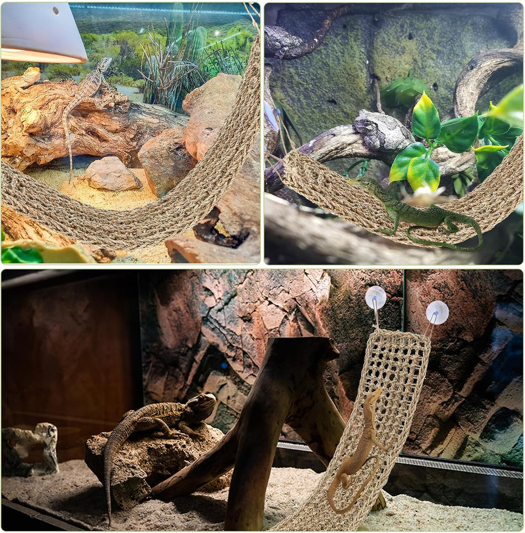 2 Pcs Bearded Dragon Hammock Reptile Lounger, Natural Seagrass Climbing Habitat Decor with Jungle Theme for Lizards, Geckos, Snakes, Iguanas, Amphibians and Terrarium