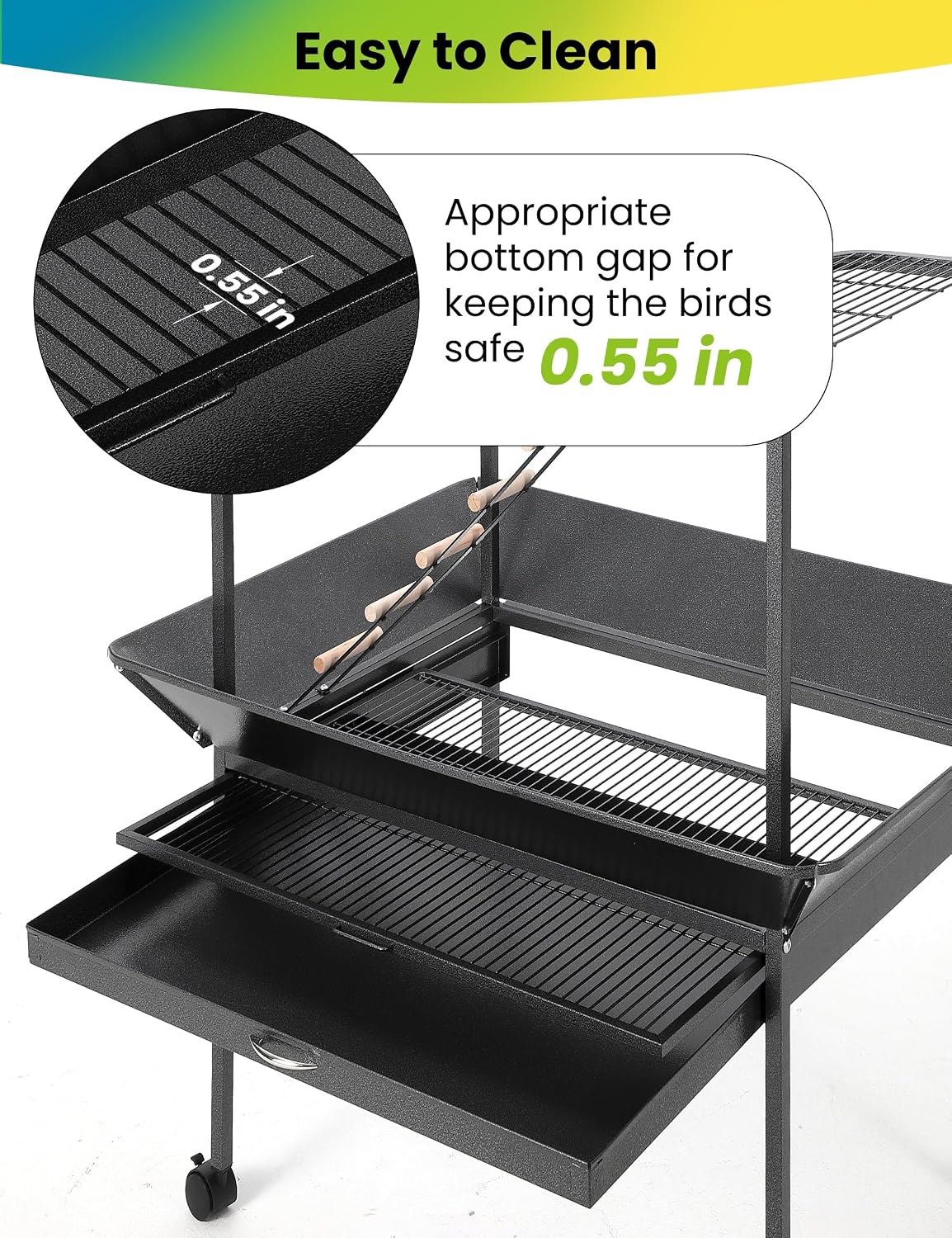 Versatile Bird Cage Stand with Wheels – Perches & Ladders, Black Hammer Finish Finish – Indoor/Outdoor Parrot Playstand for Conures, Macaws, Budgies, Cockatiels, Lovebirds, Parakeets