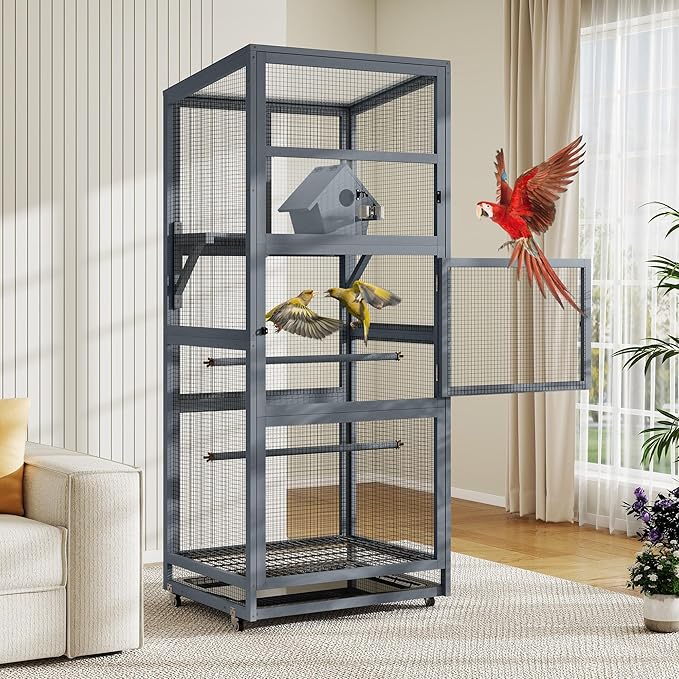 Coziwow 68" H Large Wood Bird Cage on Wheels, Outdoor Bird Aviary Indoor Wooden - Image 7
