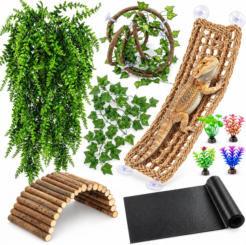 HERCOCCI Bearded Dragon Tank Accessories, 9Pcs Reptile Plants Vines Hammock Bridge Jungle Climber with Suction Cups Terrarium Habitat Décor for Snake Gecko Lizard Chameleon