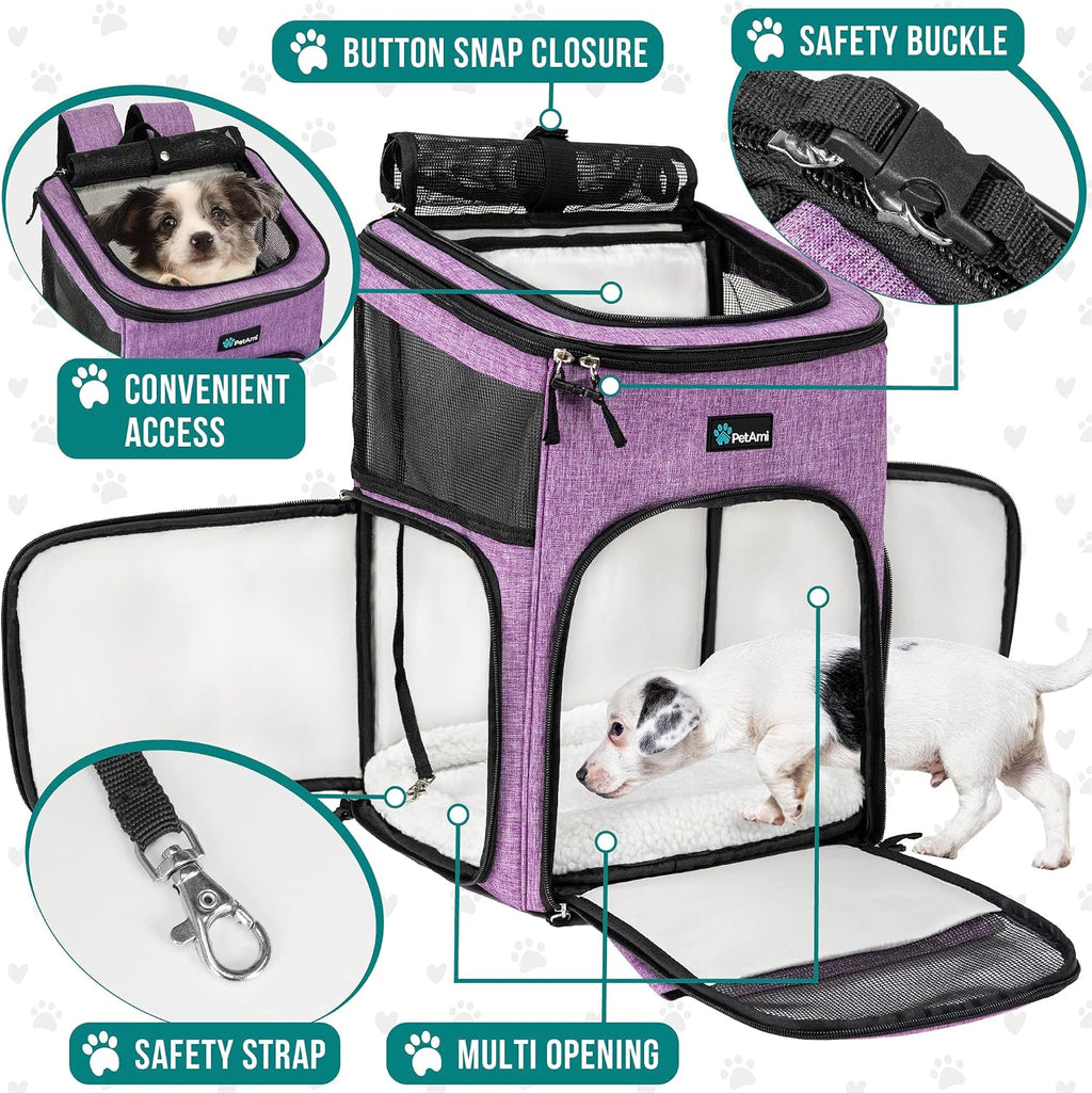 PetAmi Dog Backpack Carrier, Airline Approved 4-Way Entry Cat Bag, Purple