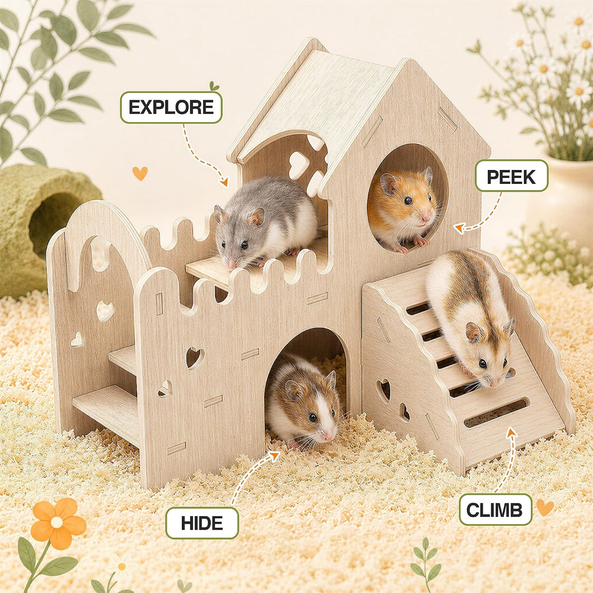 Wooden Hamster & Guinea Pig Castle Hideout, Double-Decker Maze Hut
