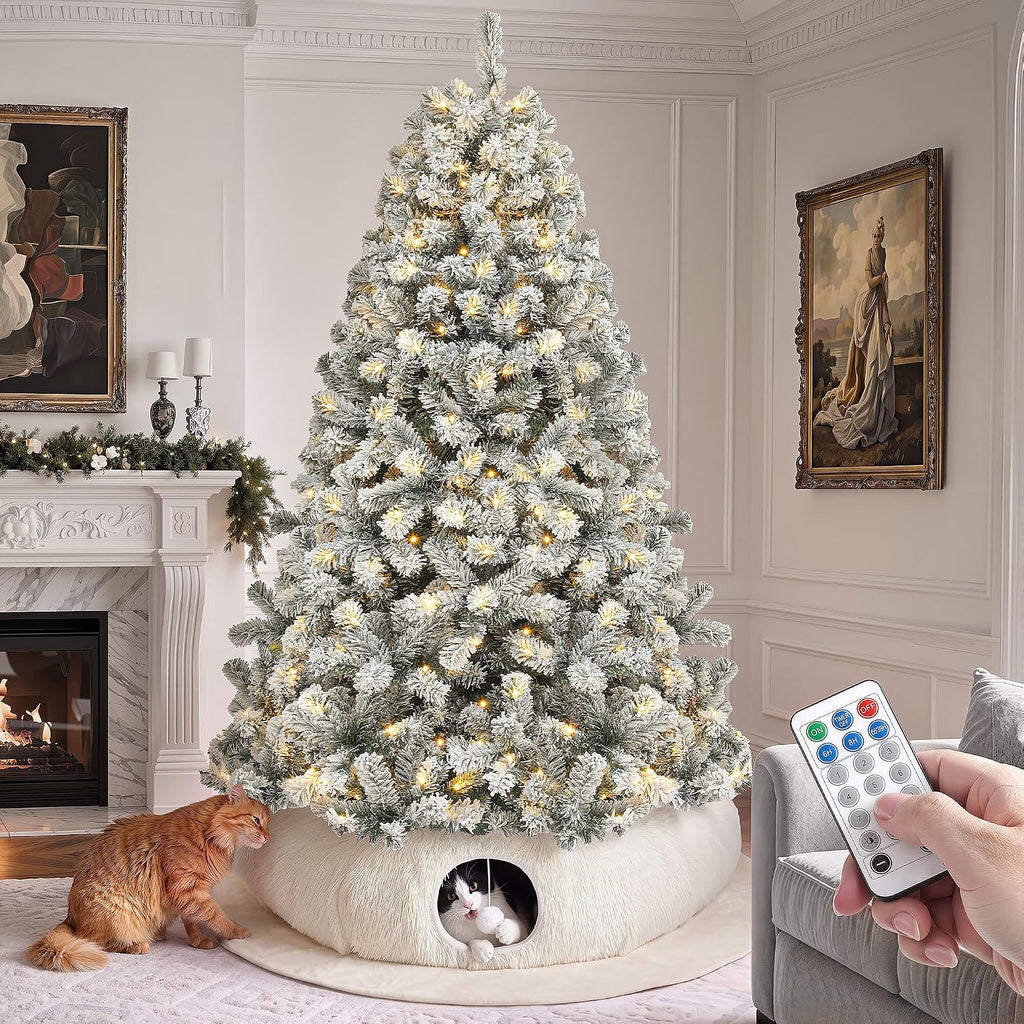 YITAHOME 6FT Snow Flocked Prelit Christmas Tree w/ Cat Tunnel & Skirt