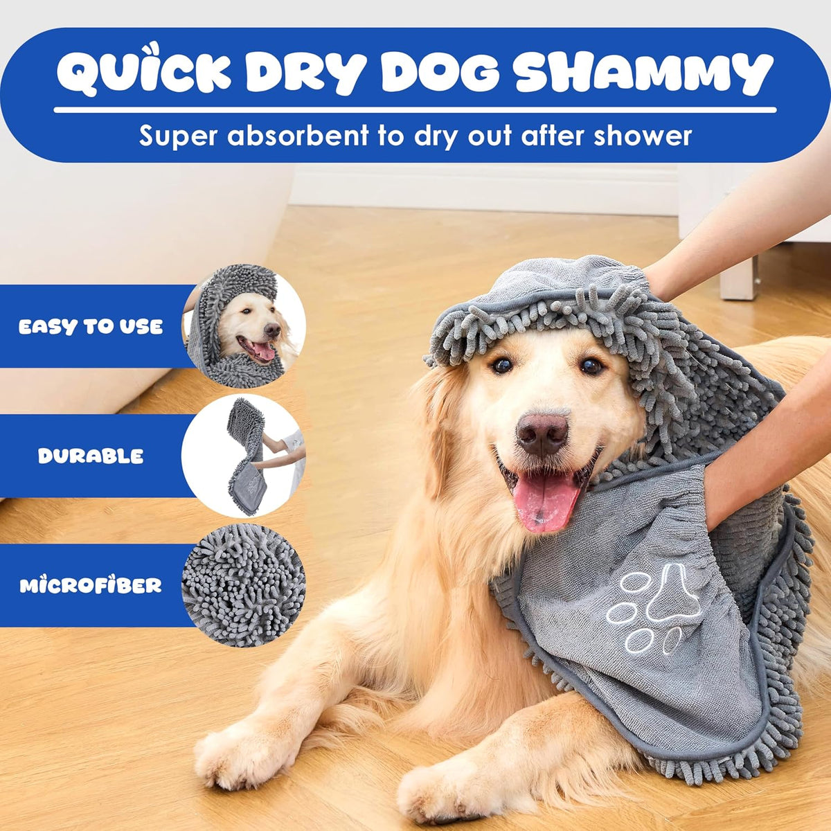 Dog Drying Towel, Absorbent Microfiber Bath Towel with Hand Pockets