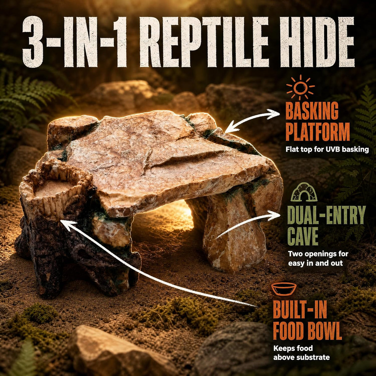 VELTHERM 3-in-1 Reptile Hide - Basking Platform, Feeding Dish, Resin Rock Cave for Bearded Dragon Ball Python Leopard Gecko, Desert/Tropical Decor, Submersible Aquarium & Turtle Tank