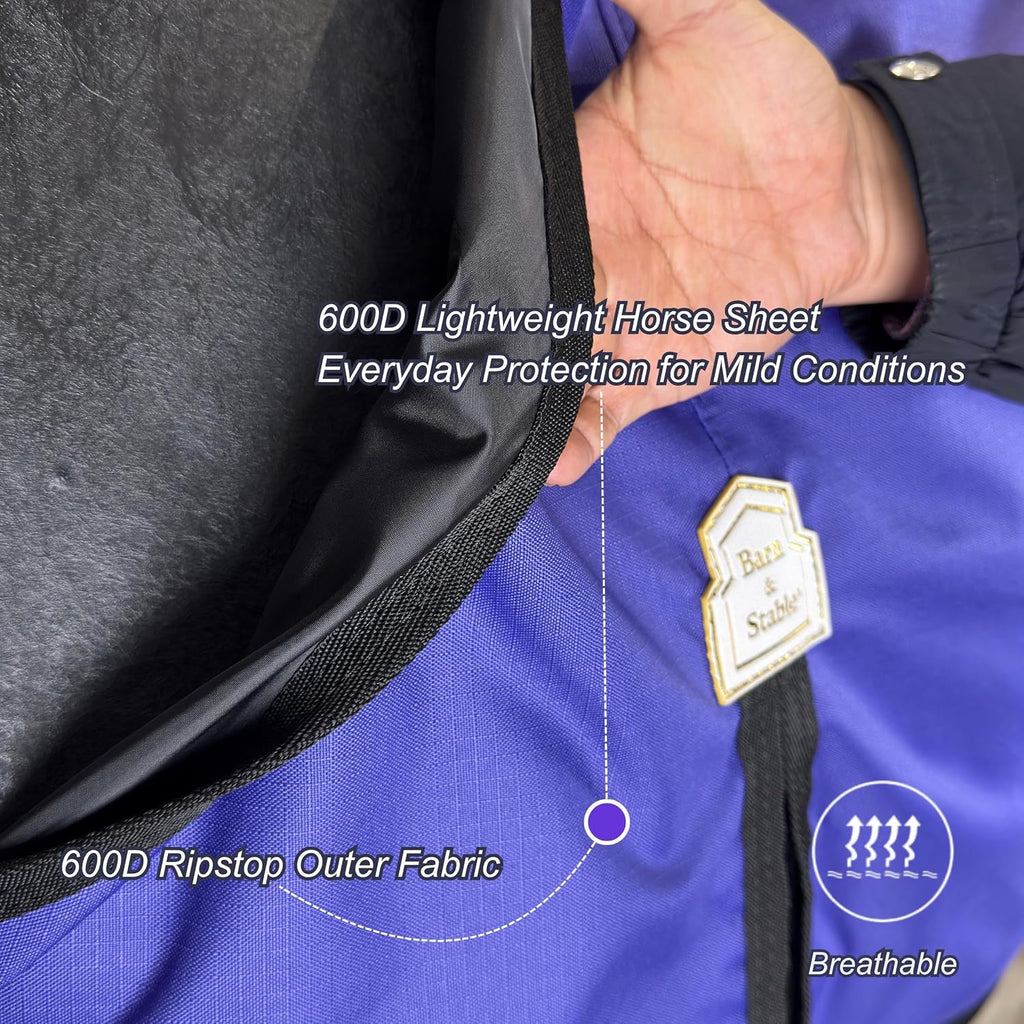 BARN & STABLE 600D Ripstop Lightweight Horse Turnout Sheet No Fill,Water-Resistant & Breathable Horse Blanket for Spring and Mild Weather, with Anti-Rub Fleece Withers