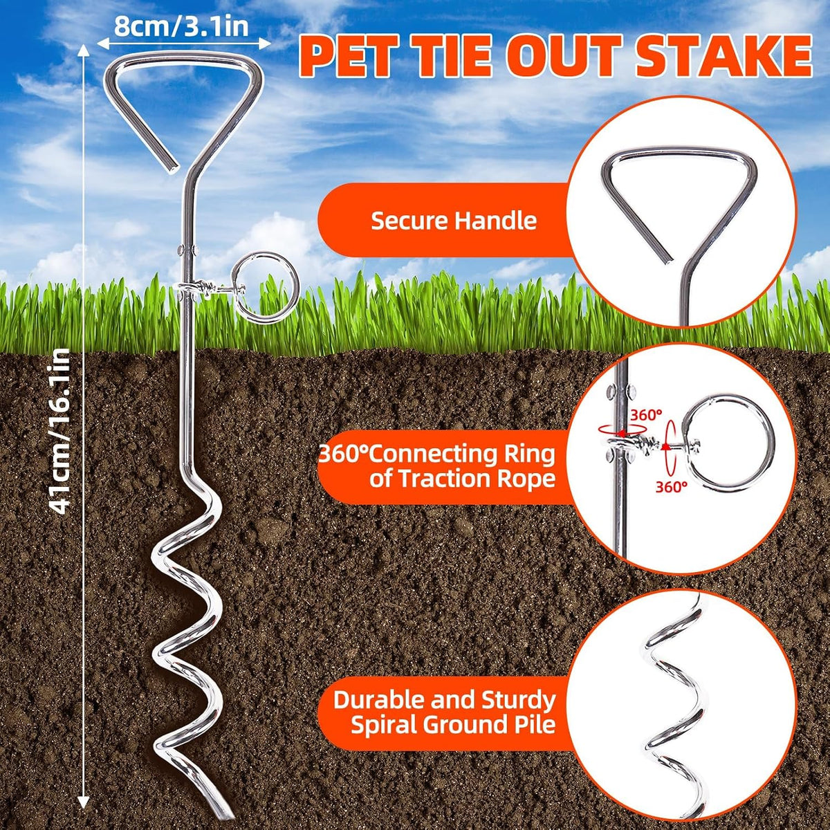 PUPTECK Reflective Long Cat Leash Pet Tie Out Spiral Stake, 30FT for Yard