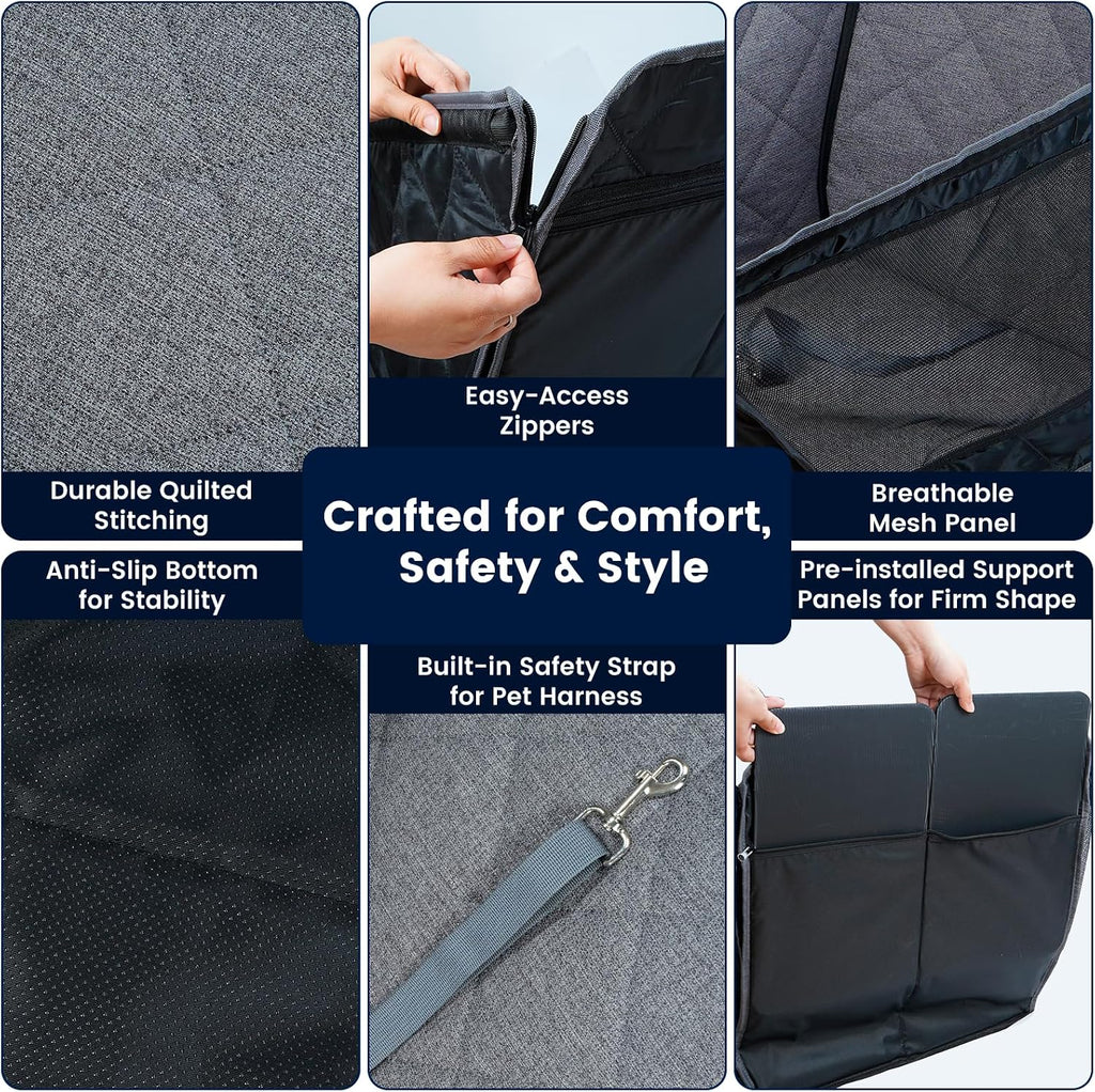 Front Seat Dog Car Seat for Small/Medium Dogs with Door Protection – Full Coverage Waterproof Pet Booster Seat with Mesh Window, Zippered Side Flaps, Safety Buckle, Grey Linen Fabric