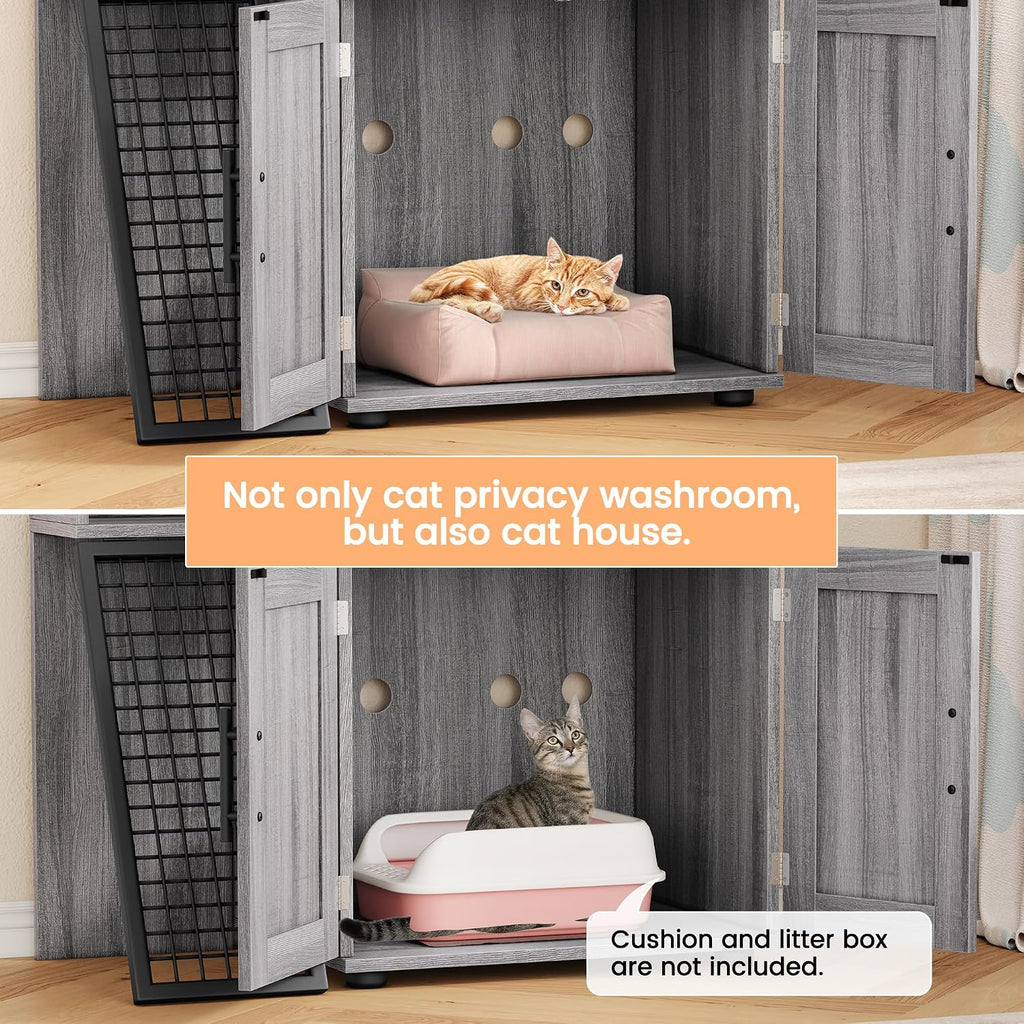 Double-Tier Cat Litter Box Enclosure with Ladder, Hidden Litter Box Furniture Cabinet, Multi-Level Cat House with Entertainment Platform for Large Litter Boxes, Living Roo – Wax Wood Color