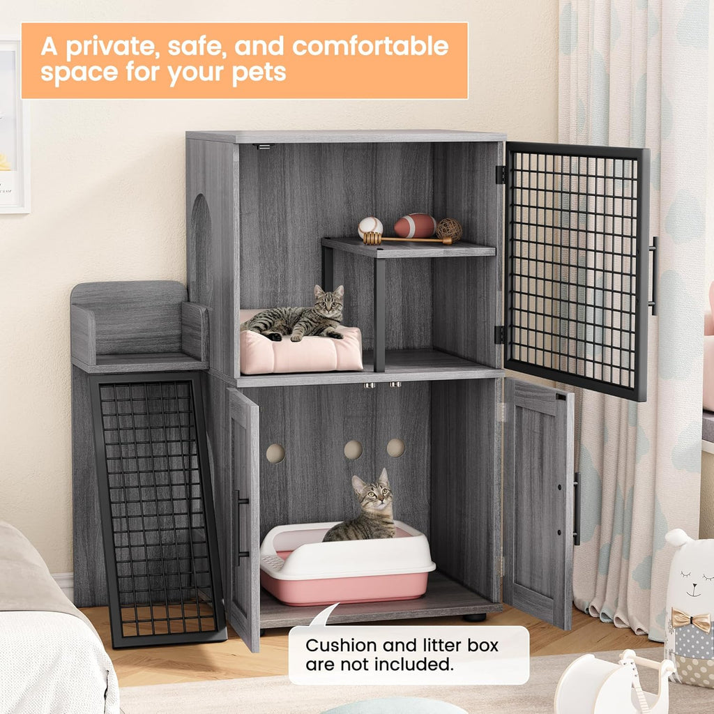 Double-Tier Cat Litter Box Enclosure with Ladder, Hidden Litter Box Furniture Cabinet, Multi-Level Cat House with Entertainment Platform for Large Litter Boxes, Living Roo – Wax Wood Color