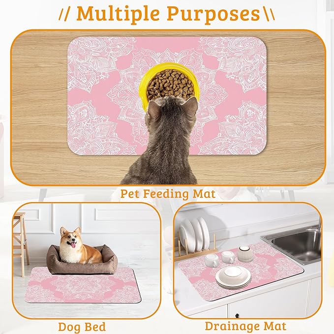 Pet Feeding Mat, Boho Mandala Absorbent Dog Cat Food Mat Pink Flower Dog Mat - Image 7