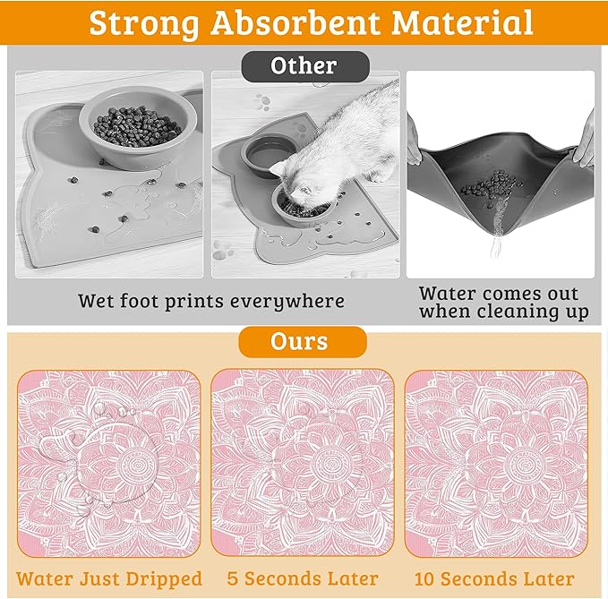 Pet Feeding Mat, Boho Mandala Absorbent Dog Cat Food Mat Pink Flower Dog Mat - Image 3