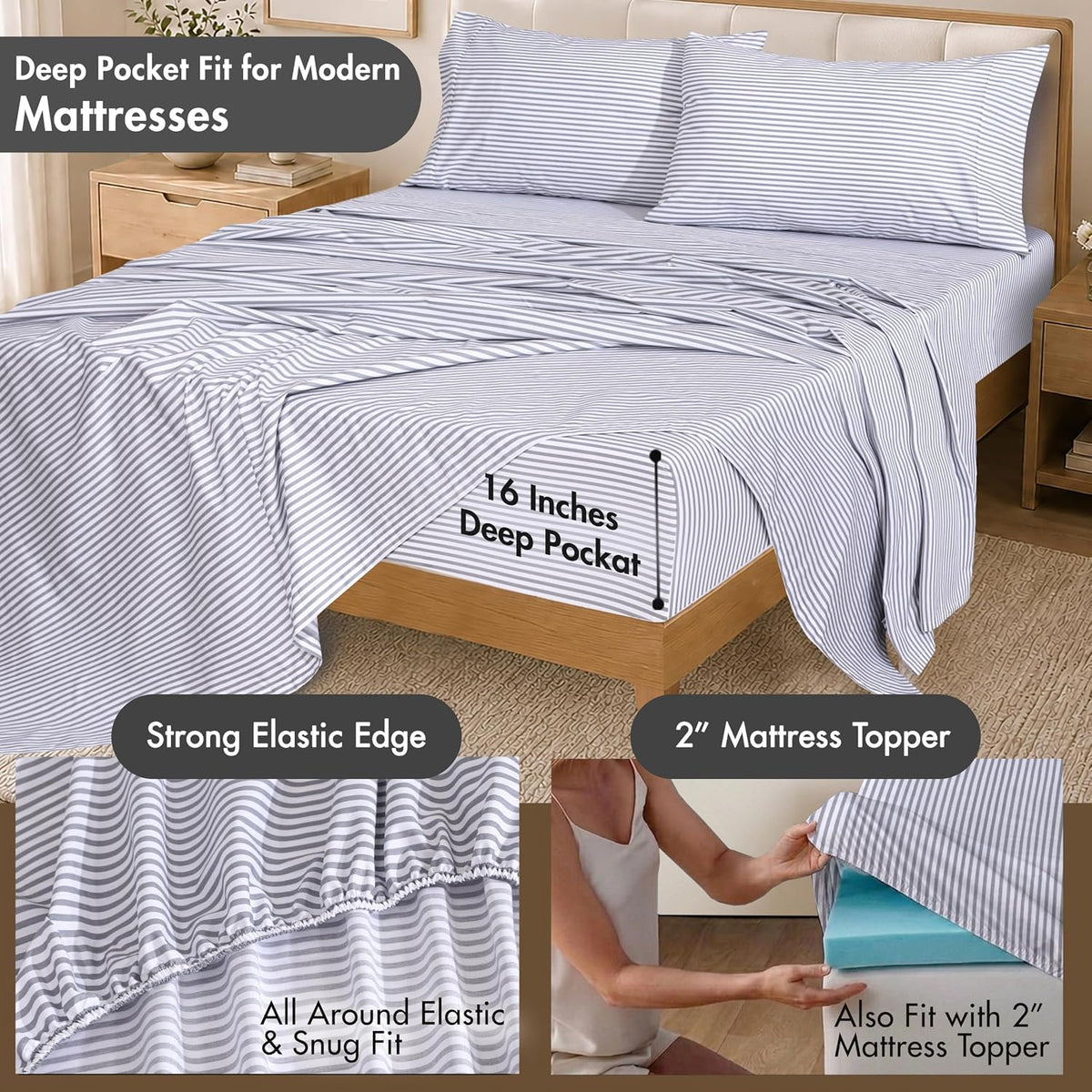 ZOYER 100% Cotton Full Sheets, Percale Bedding Full Size Set, Grey Stripe