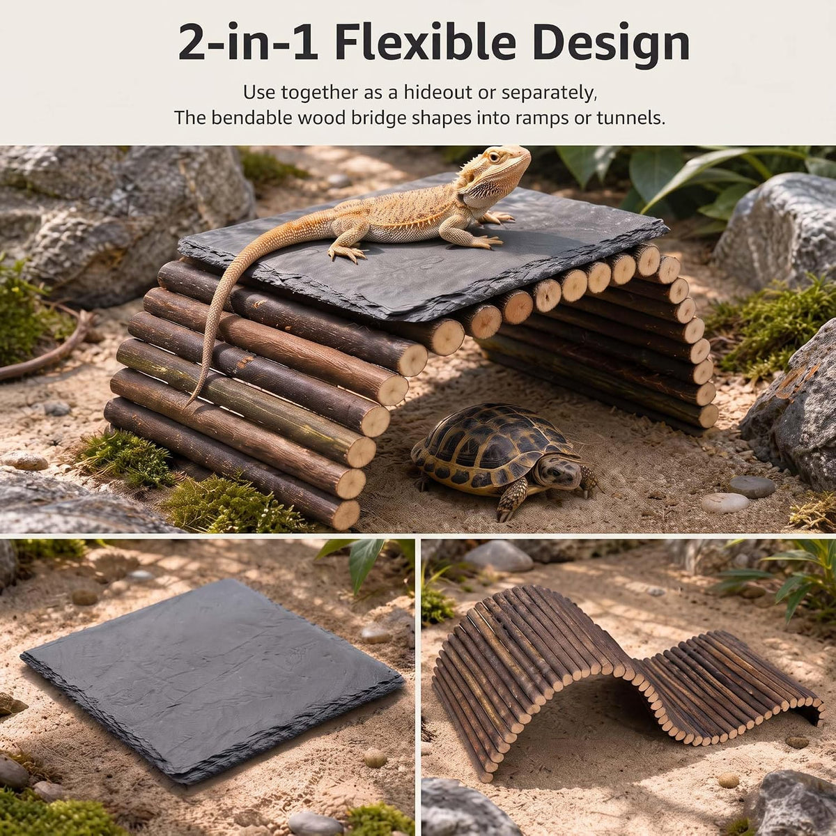 Bearded Dragon Tank Accessories – Rock Basking Platform with Wooden Climbing Ramp, Basking Rocks for Bearded Dragons, Reptile & Amphibian Habitat Hideouts for Tortoise, Gecko & Snake.