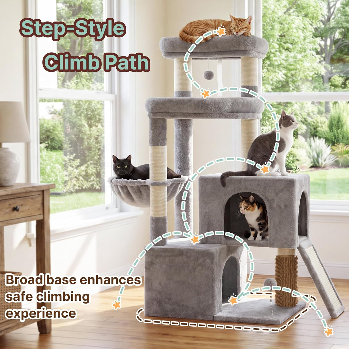 Heybly 55.7" Cat Tree with Stable Dual Cat Condos & Large Perch HCT052W