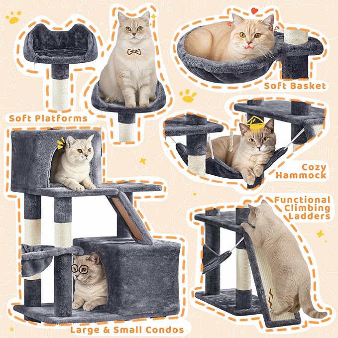 Yaheetech Cat Tree, 82.5in Large Tower w/Hammock, 2 Kitty-Ear Perches, 2 Cozy - Image 4