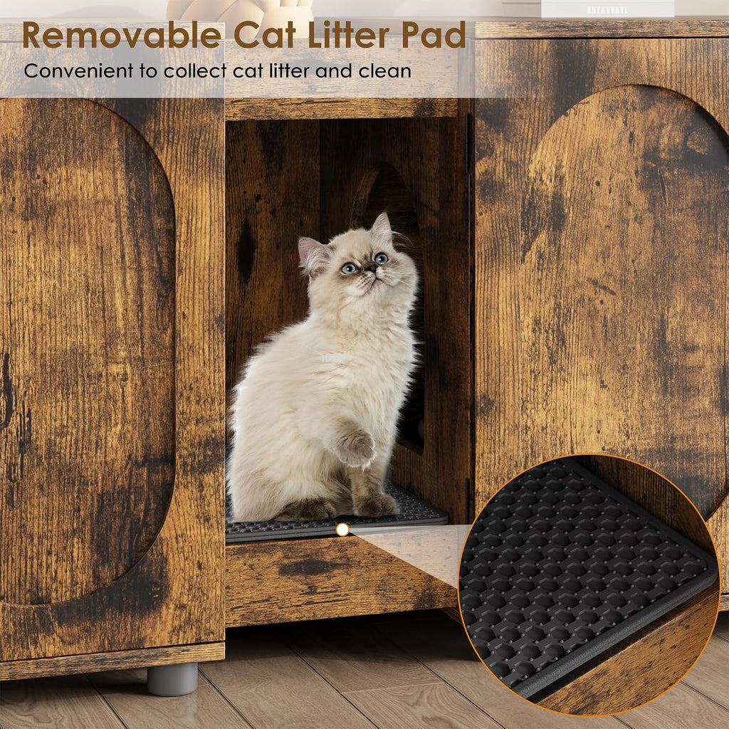 Garvee 55.1" Double Litter Box Enclosure, Retro Cat Box Furniture for 2 Cats, Cat Litter Box Furniture Hidden with Cat Scratch Pad, Large Indoor Pet House with Double Room, Retro Brown Color