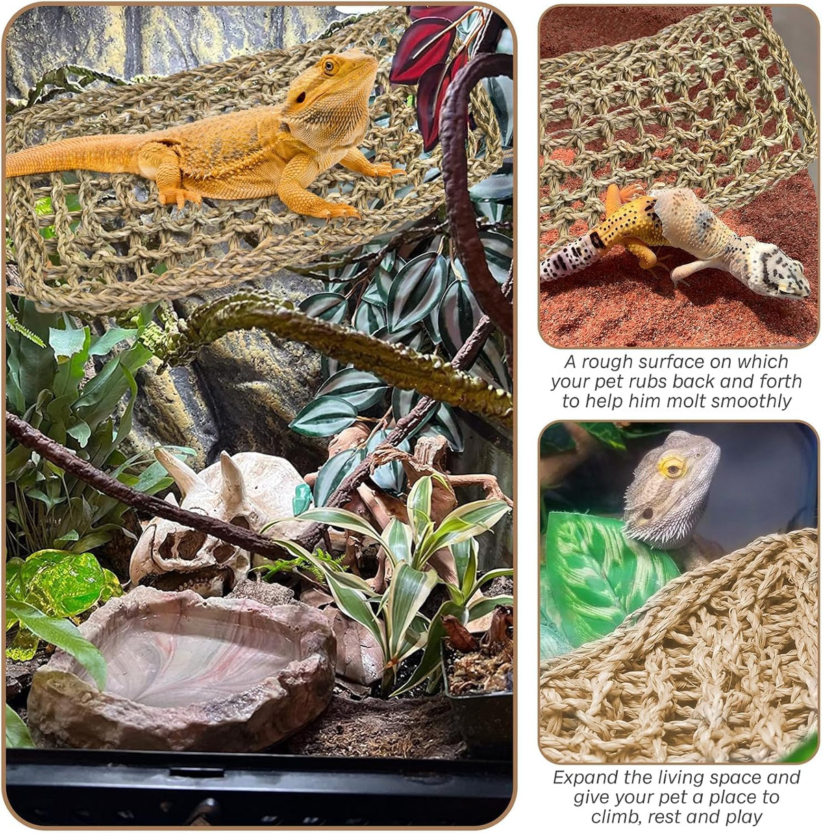 kathson Bearded Dragon Hammock, Natural Seagrass Reptile Hammock, Reptile Lounger Bearded Dragon Tank Accessories for Chameleons, Lizards, Geckos, Snakes, Lguana Reptiles, Geckos (29.52 x 7.08 inches)