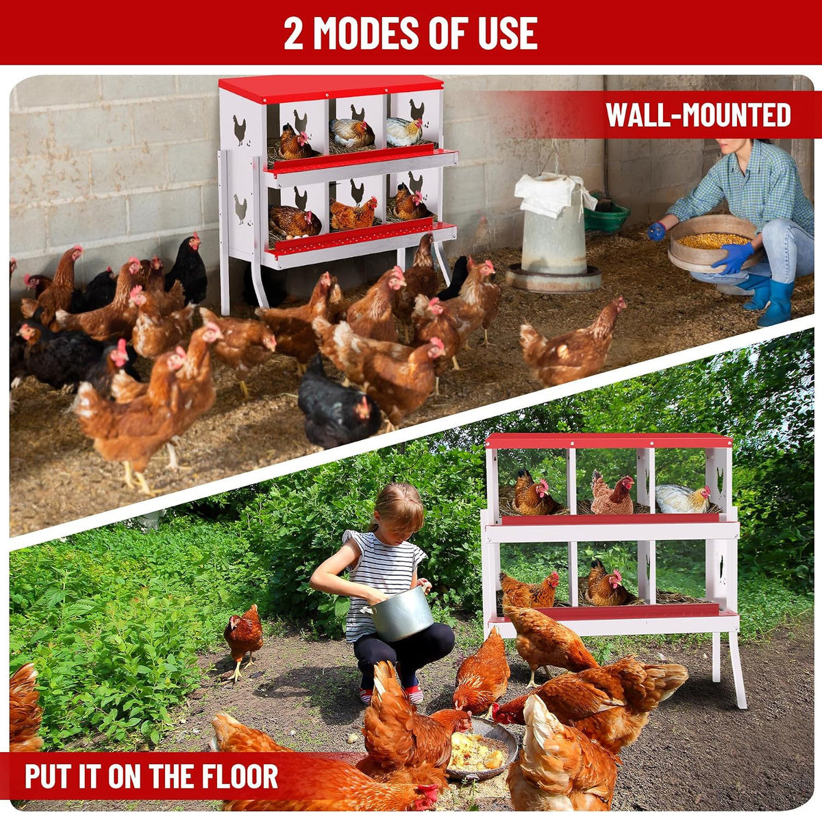 Chicken Nesting Box, 6 Compartment Metal Chicken Nesting Boxes for Chicken Coop, Easy Egg Collection, Easy Cleaning, Chicken Laying Boxes with Bracket Legs for Hens, Red