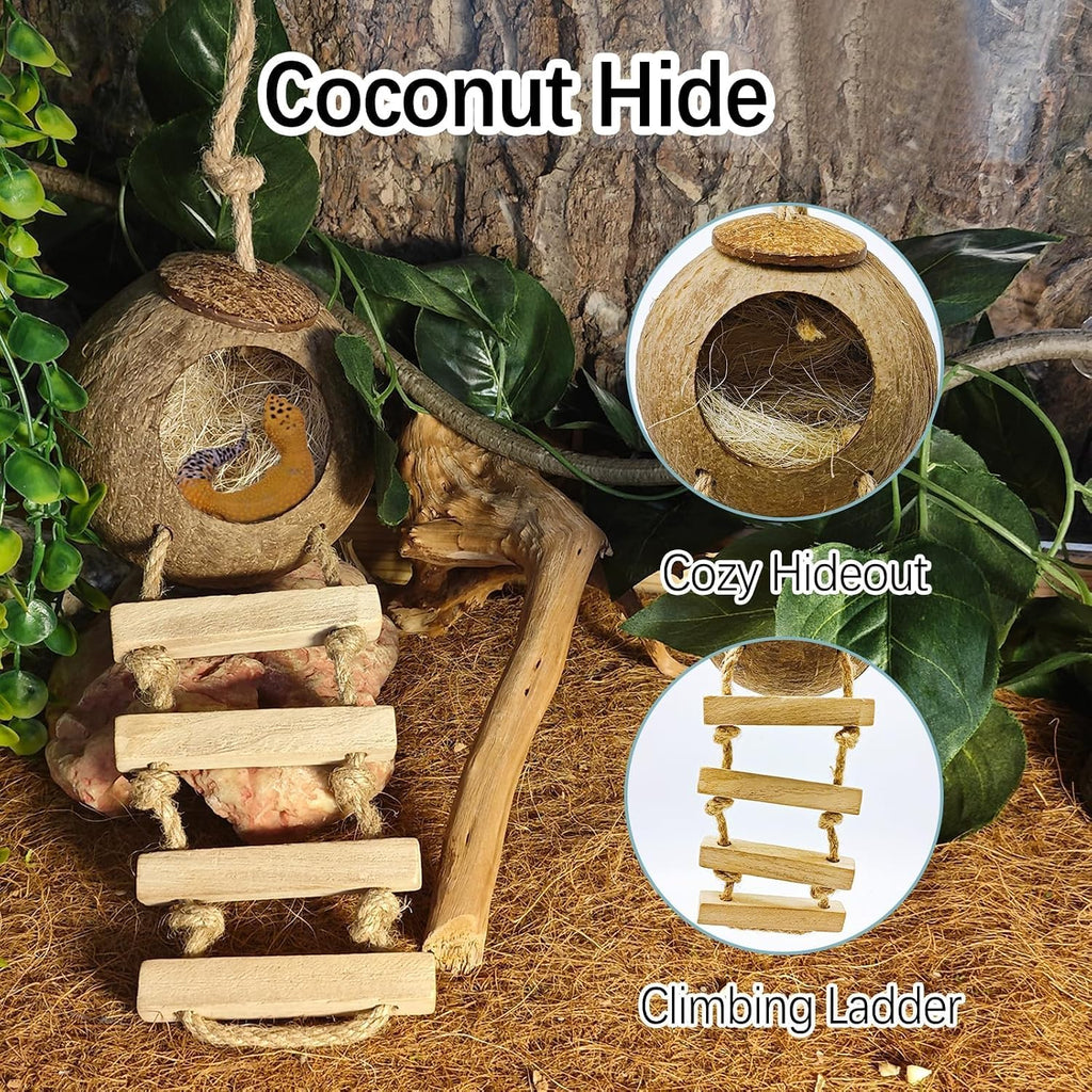9PCS Crested Gecko Tank Accessories,Reptile Plants Vine Decor Coconut Hide