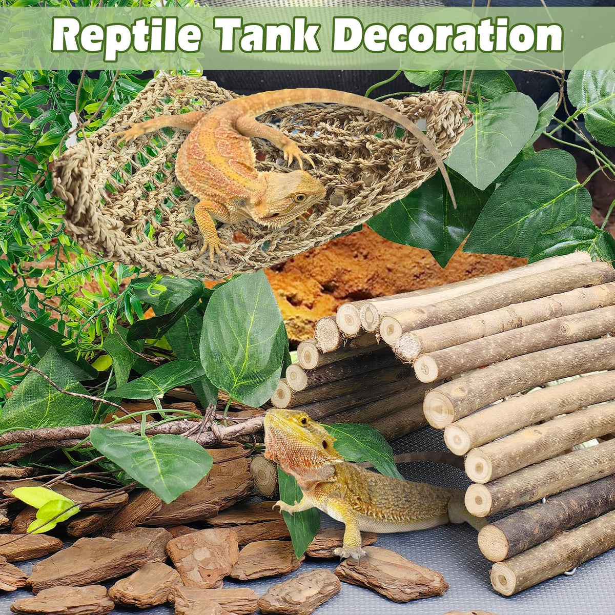 kathson Bearded Dragon Tank Accessories Kit, Reptile Hide Wooden Bridge Terrarium Liner Triangle Hammock Jungle Climber Vines Leaves and Plant Reptile Habitat Decor for Chameleon Lizards Gecko Snakes