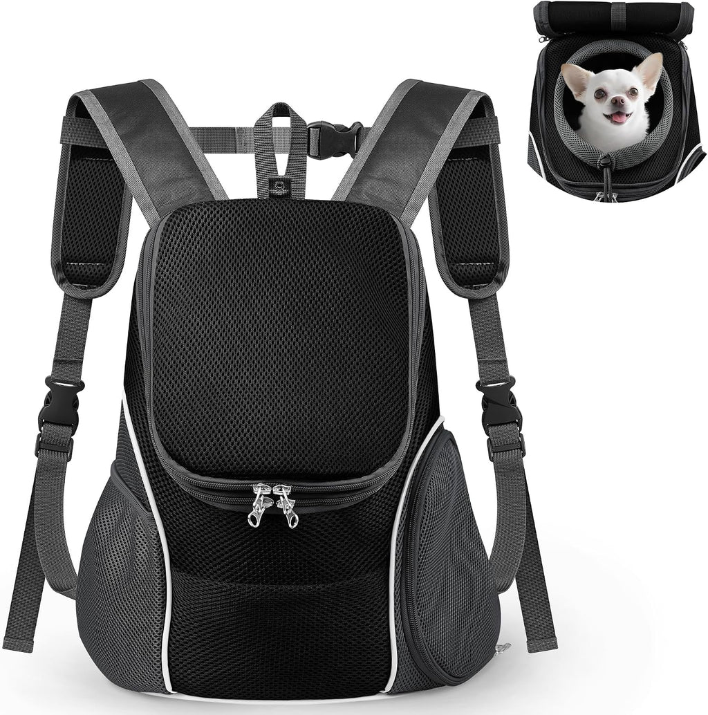 WOYYHO Pet Dog Carrier Backpack Small Dog Front Backpack Ventilated Dog Carrier Back Pack with Storage Pockets, Adjustable Straps & Safety Belt for Travel Hiking Outdoor (Size S: 2-4.5 lbs, Black)
