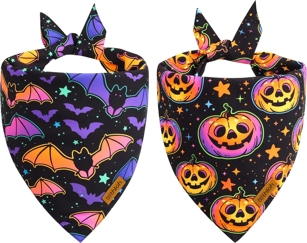 Halloween Dog Bandanas - 2 Pack Reversible Pumpkin and Bat Pet Scarf for Boys and Girls | Fall Dog Bibs | Premium Durable Fabric | Holiday Dog Bandana for Medium and Large Dogs (Large)